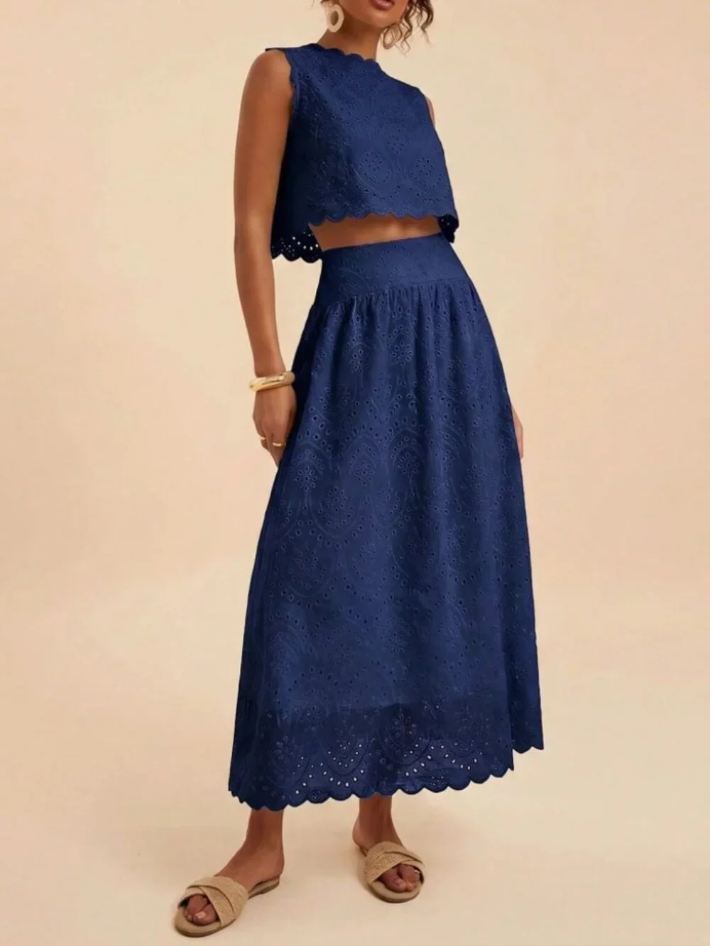 Navy Eyelet Embroidered Scalloped Crop Top & Maxi Skirt Set